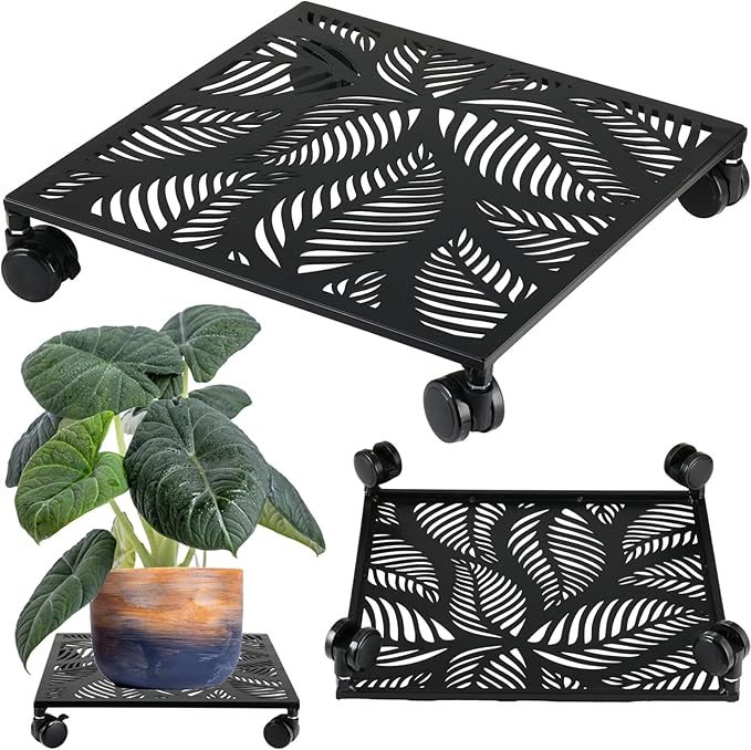 1-Pack 13.5 Inches Square Metal Plant Caddy with Wheels Heavy Duty Large Rolling Plant Stand Indoor Outdoor Wheeled Planter Dolly Cart with Lockable Casters Flower Pot Mover Roller Trolley, Black