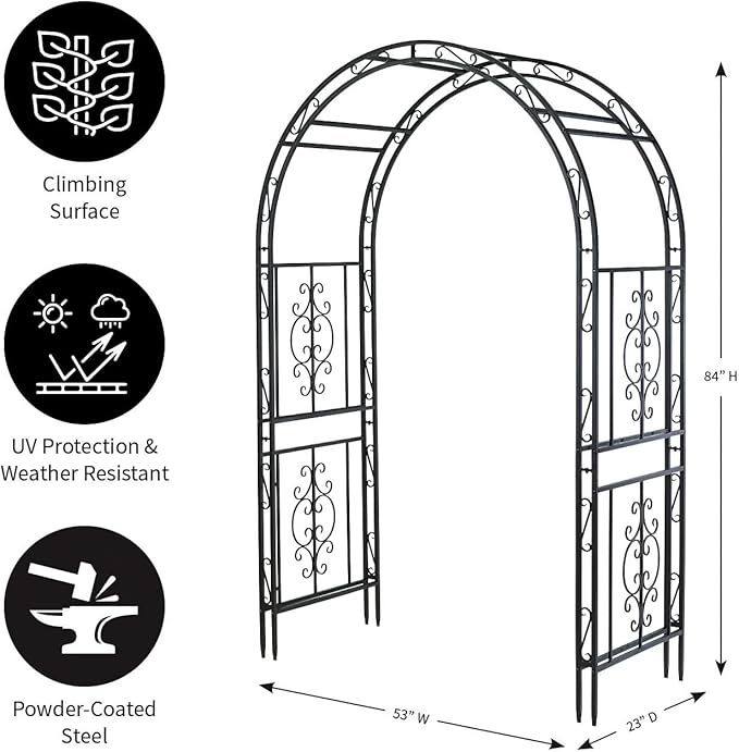 Plow & Hearth Arch Metal Outdoor Garden Arbor | Montebello | 7 Feet Tall | Gun-Metal | Iron Trellis Lattice for Climbing Plants | Wedding | Outdoor Patio Décor
