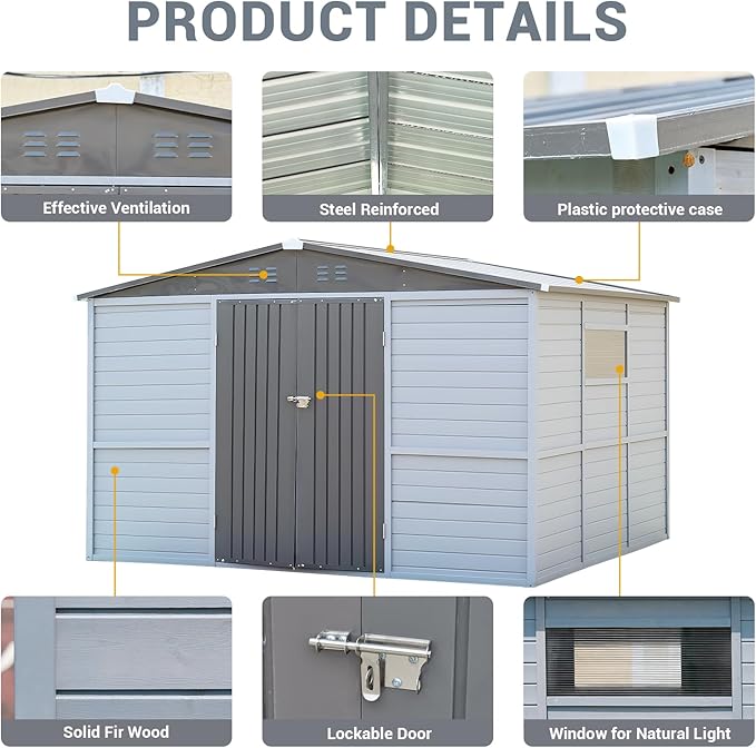 8x10FT Outdoor Storage Shed with Lockable Doors & Slooping Roof Wood & Metal Garden Tool Shed for Backyard, Patio, Poolside