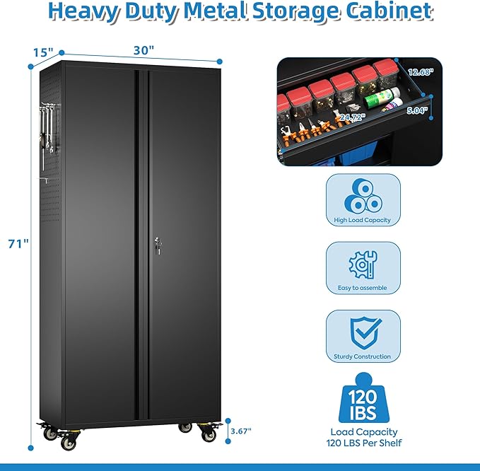 71" H*15" D*30" W Garage Storage Cabinet with Wheels and Doors,Lockable Metal Storage Cabinet with Pegboard Hooks and Drawer for Garage Warehouse Home,Required Assembly,Black
