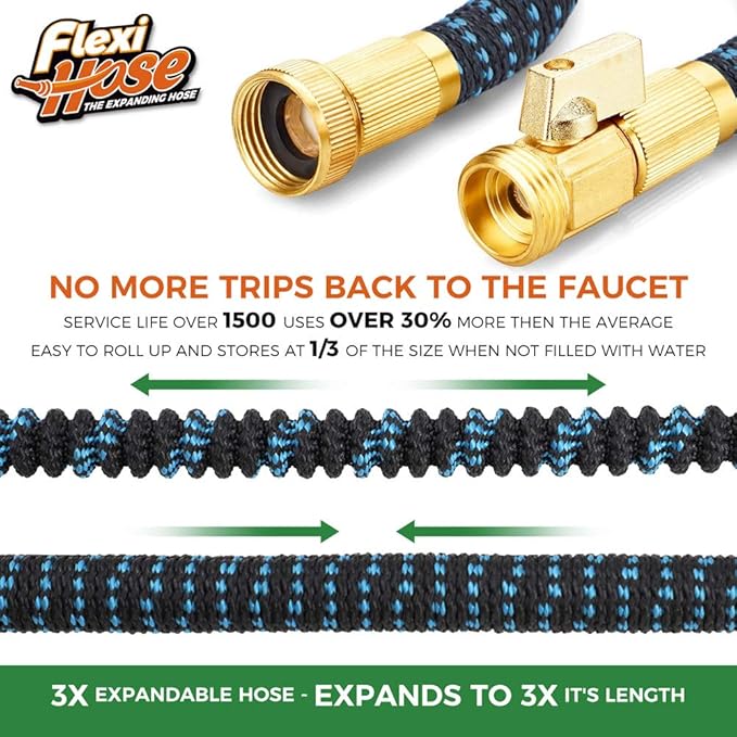 Flexi Hose Expandable Garden Hose with 8 Function Nozzle, 150FT - Lightweight Retractable Garden Hose, Water Hose - No-Kink Flexibility, 3/4 Inch Solid Brass Fittings and Double Latex Core