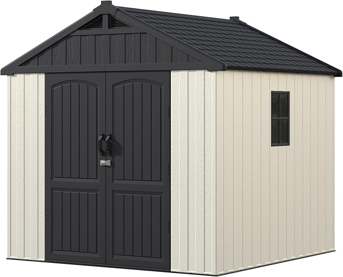 Devoko 8 x 8 FT Plastic Storage Shed with Floor, Outdoor Resin Tool Shed with Lockable Door & Sloping Roof, Patio Kick-it Shed for Garden, Backyard, Lawn, Beige