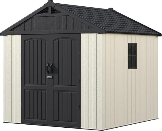 Devoko 8 x 8 FT Plastic Storage Shed with Floor, Outdoor Resin Tool Shed with Lockable Door & Sloping Roof, Patio Kick-it Shed for Garden, Backyard, Lawn, Beige