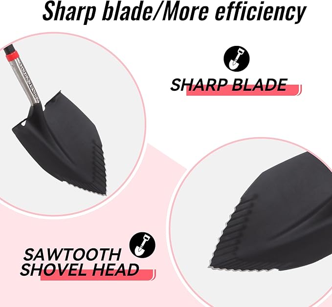 SHARK ATTACK 5-Piece Steel Shovel Set with Non-Slip Handle and D-Grip Handles - Multi-Size Garden Shovels with Powder Coating for Digging, Planting & Car Emergency