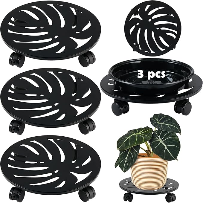 3-Pack 13.5 Inches Square Metal Plant Caddy with Wheels Heavy Duty Large Rolling Plant Stand Indoor Outdoor Wheeled Planter Dolly Cart with Lockable Casters Flower Pot Mover Roller Trolley, Black