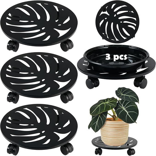 3-Pack 13.5 Inches Square Metal Plant Caddy with Wheels Heavy Duty Large Rolling Plant Stand Indoor Outdoor Wheeled Planter Dolly Cart with Lockable Casters Flower Pot Mover Roller Trolley, Black