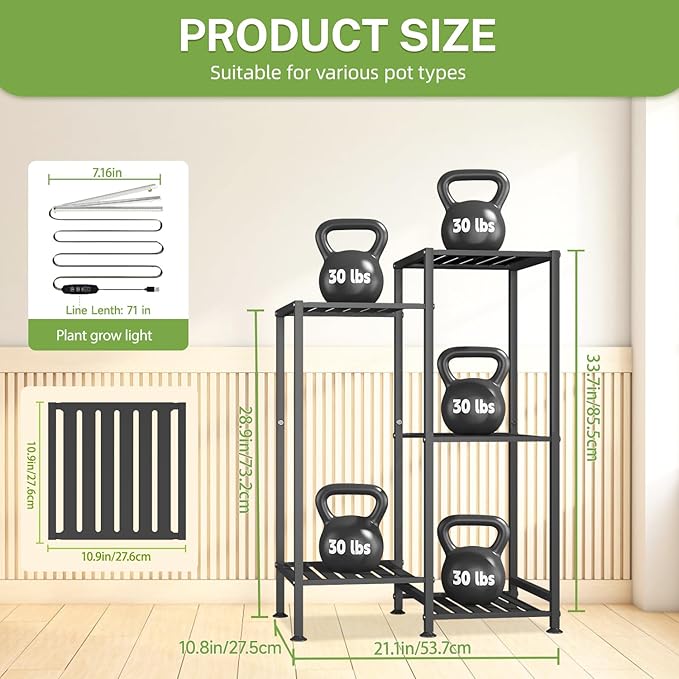 iDavosic.ly Indoor Plant Stand with Grow Light, Metal 5 Tier Corner Flower Holder Shelf Outdoor for Large Pots, Tall Rack for Patio Porch Balcony Living Room, Black