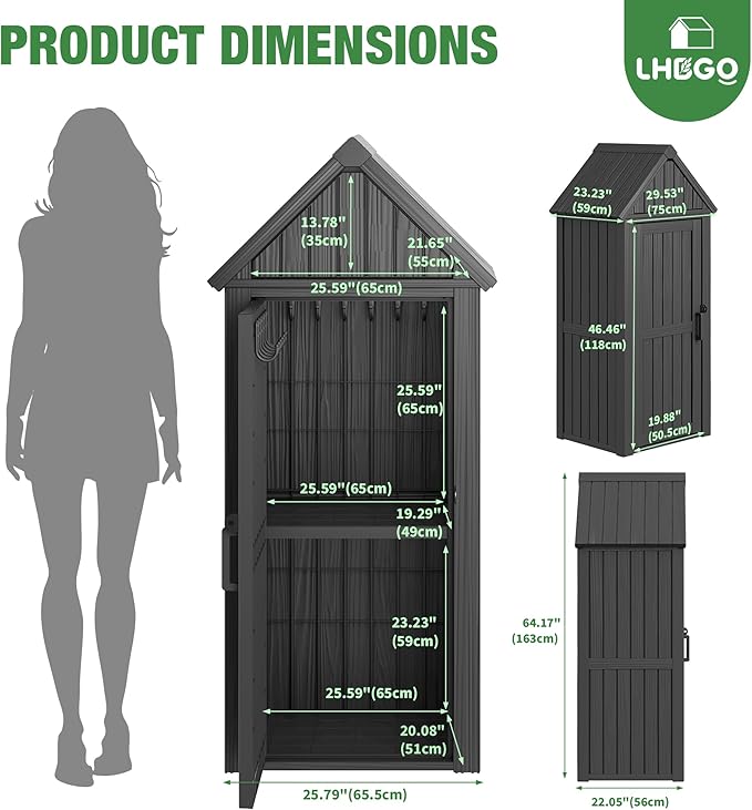 Outdoor Storage Shed with Door & Shelf, Large Capacity Weatherproof Garden Tool Cabinet with Multiple Hooks for Backyard, Patio, Lawn（Black