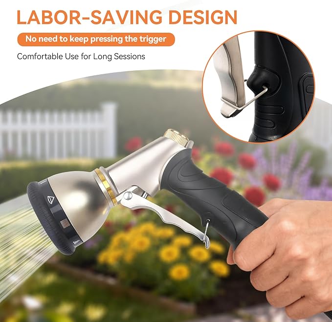 360° Rotating Hose Nozzle with Lock Function - 9 Spray Modes, Anti-Slip Grip, for Gardening, Car Wash & Pool Maintenance (Front Trigger)