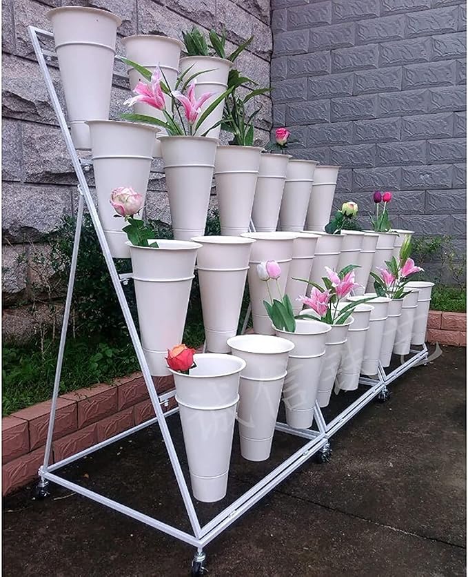 Flower Display Stand with 12pcs Plastic Buckets Iron Plant Stand with 4 Universal Wheel, 3-layers Metal Moving Florist Bouquet Shelf for Fresh Flower Shop (WHITE)