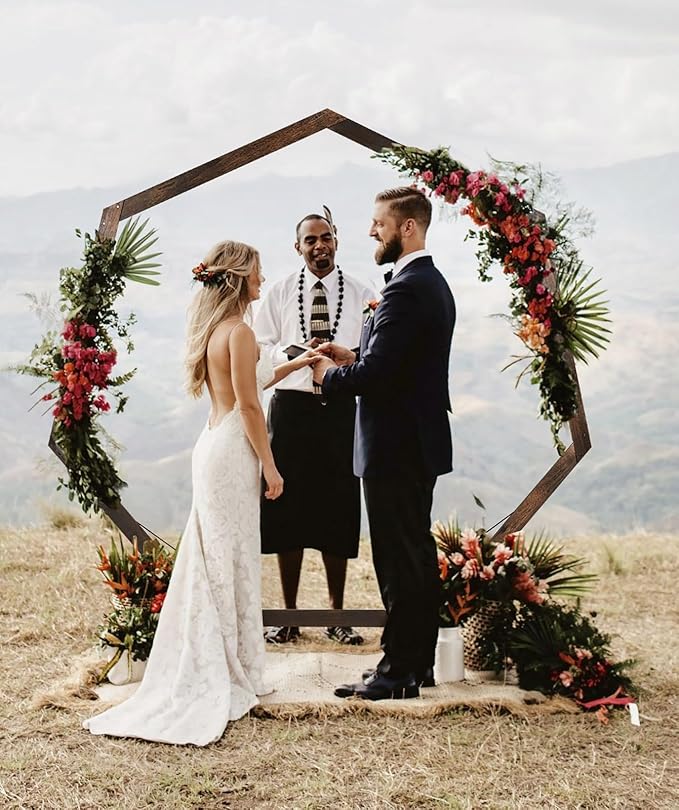 DearHouse Wooden Wedding Arch, 7.2FT Heptagona Wooden Arch for Wedding Wood Arch Wedding Arbor Backdrop Stand for Ceremony Rustic Wedding Birthday Parties Indoor Outdoor Garden Decor, AWERT0-3