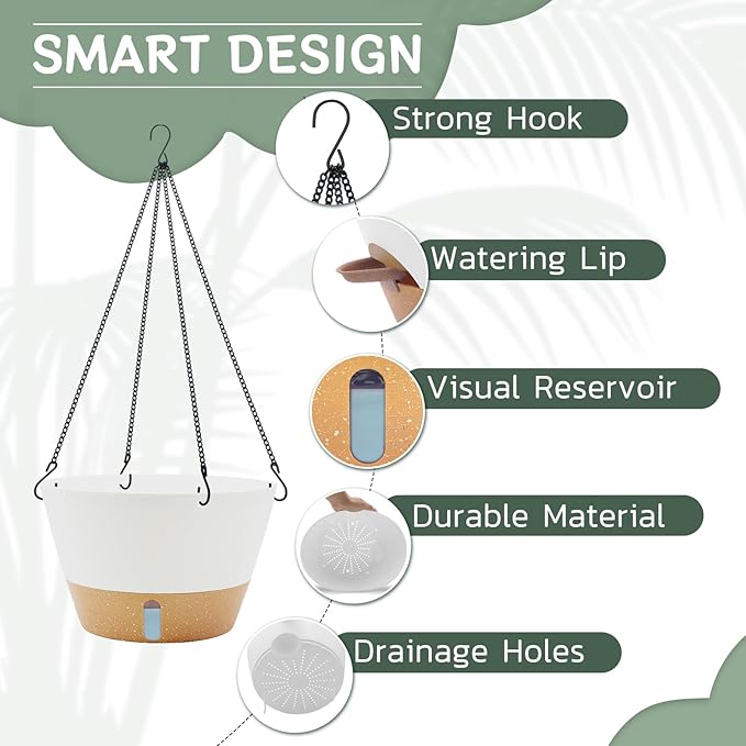 ZMTECH 12 Inch Hanging Planters for Indoor Plants, 1 Pack Self Watering Hanging Planter with Visual Reservoir, Hanging Pots for Plants Outdoor with Drainage Hole and Plant Hanger(1 Pack, White)