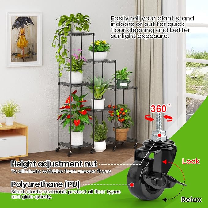 Abimars 59'' Plant Stand with Wheels, Shelf Height Adjustable Metal Plant Shelf for 7 Potted Plants, DIY Assembly Indoor & Outdoor Plant Display Rack