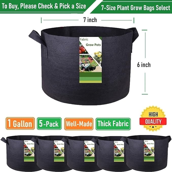 5-Pack 1 Gallon Plant Grow Bags (7x6 inch) Thickened Fabric Plant Pots Gardening Bags for Plant Nursery Bag,Garden Pots,Flower Pot,Herbs Veggies Planter Bag,Barrel Planter,Garden Containers W/ Gloves