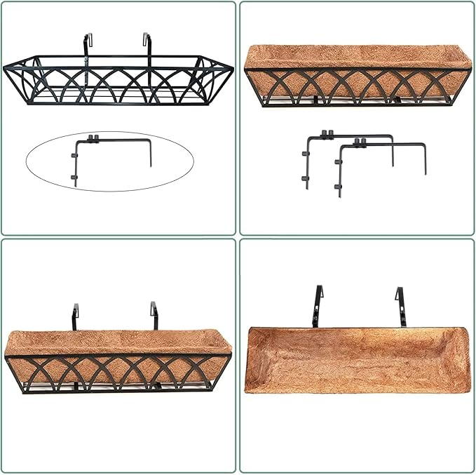 Y&M 24-Inch Window Planter Box 2Pcs Iron Deck Railing With Coco Liner, Metal Horse Troughs for Outdoor Balcony Rail Fence Porch Patio