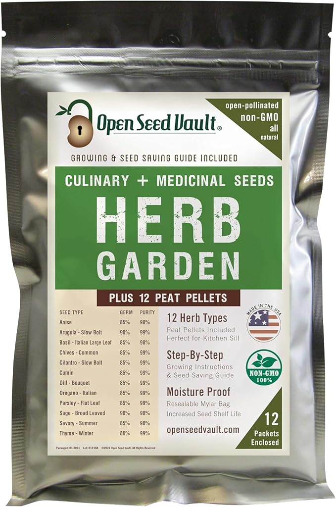 Open Seed Vault 4,000 Non GMO Heirloom Vegetable Seeds for Planting Vegetables and Fruits - 12 Variety Pack of Herb Seeds for Planting Outdoors - Gardening Supplies, Survival Gear, Prepper Kits