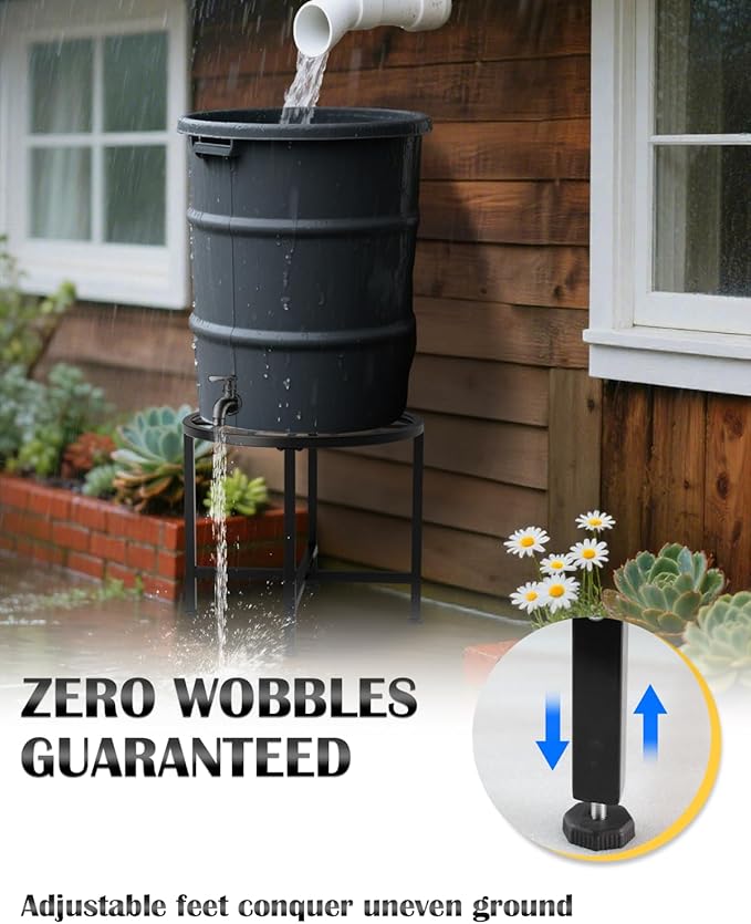 Rain Barrel Stand, Heavy Duty Rain Water Collection Base, Rain Barrel Stand for 45/50/55 Gallon Plastic Outdoor Rain Barrel, Loading 1200lbs for Out Garden, Irrigation, Carbon Steel, Black