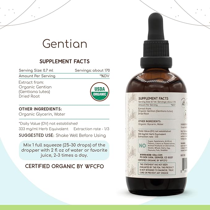 Gentian B120 Alcohol-Free Herbal Extract Tincture, Concentrated Liquid Drops Natural USDA Organic Gentian (Gentiana Lutea) Dried Root (4 fl oz)