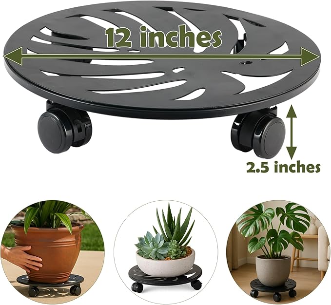 1-Pack 12 Inches Round Metal Plant Caddy with Wheels Heavy Duty Large Rolling Plant Stand Indoor Outdoor Wheeled Planter Dolly Cart with Lockable Casters Flower Pot Mover Roller Trolley, Black