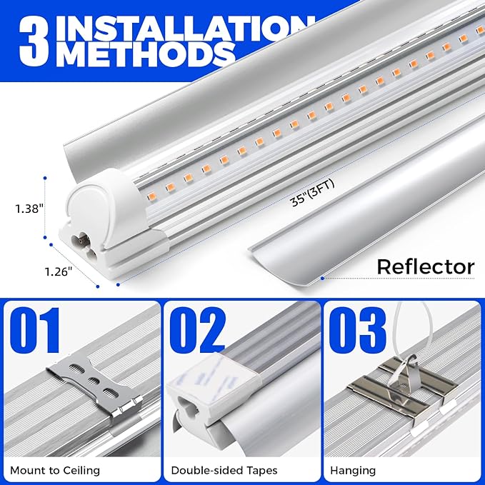 Barrina 3FT T8 Grow Light, 180W(6 x 30W), 1000W Equivalent, Full Spectrum, Plant Light, Growing Lamp Fixture, LED Grow Light Strips, for Indoor Plant, Greenhouse, Linkable Design, Yellow, 6-Pack