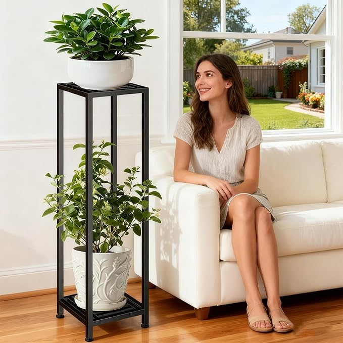 Plant Stand Indoor Outdoor, 41'' Tall Wrought Iron Plant Stands, 2 Tier Heavy Duty Metal Pedestal Stand Decorative Flower Stand for Patio Garden Deck Living Room