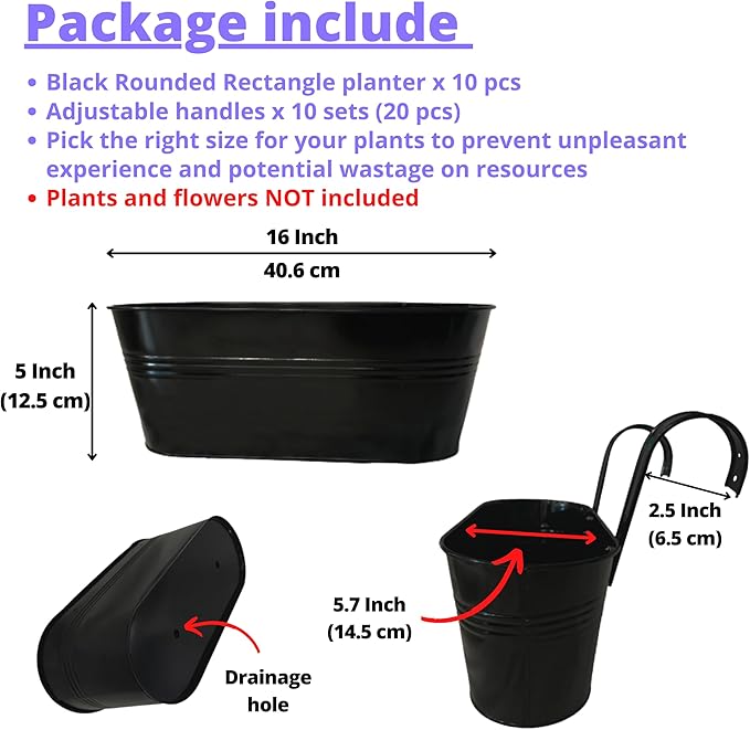 LaLaGreen Outdoor Plants Rail Planter (16 Inch, 10 Pack) Black Metal Iron Hanging Flower Pots Deck Railings Fence Balcony Modern Boho Style Wall Mount Window Boxes Plant Holder Hooks Porch Home Decor