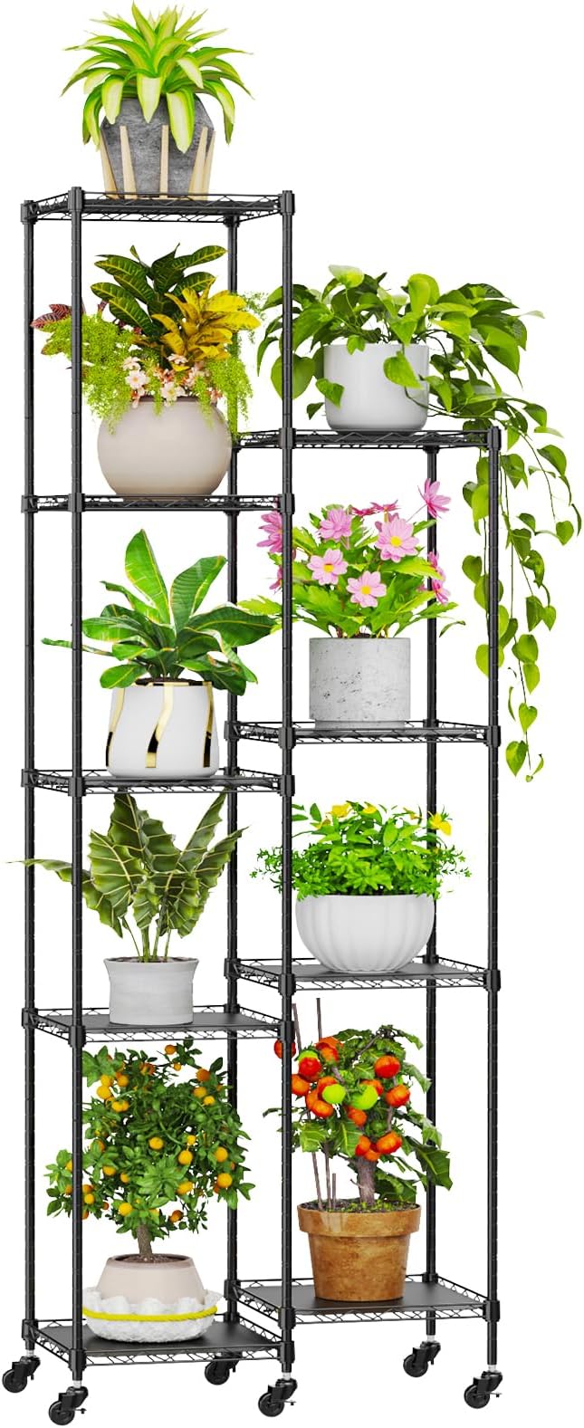 Abimars 74'' Tall Plant Stand with Wheels, Shelf Height Adjustable Metal Plant Shelf for 9 Potted Plants, DIY Assembly Indoor & Outdoor Plant Display Rack