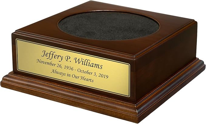 Personalized Cremation Urn Pedestal with Gold Name Plate - Includes Custom Engraving - Polished Walnut Wood Finish