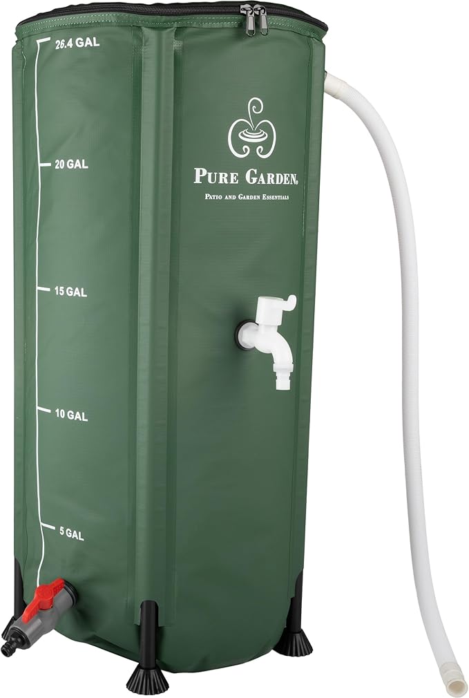 Rain Barrel - 26.4-Gallon/100-Liter Collapsible Water Container for Catching Rainwater - Portable Water Tank with Spigot by Pure Garden (Green