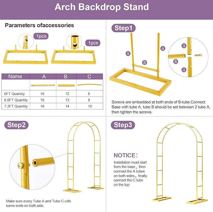 7.2FT Metal Garden Arch Trellis Arbor, Wedding Arch Stand with Steel Frame, Metal Pergola Arbor with Base for Decor Garden Trellis Climbing Plant, Bridal Party Ceremony