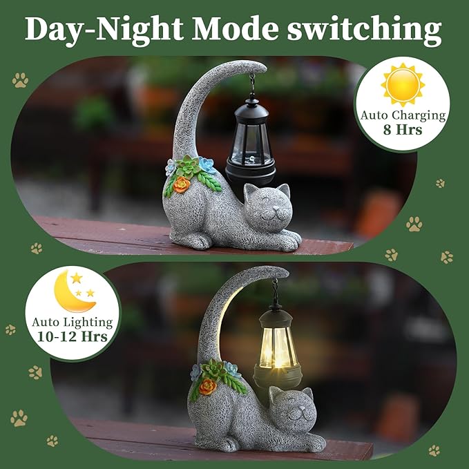 Garden Cute Cat Gnome Statue Decorations - Solar Resin Cat wtih Solar Garden Lights Outdoor Decorations Waterproof for Patio,Yard,Lawn,