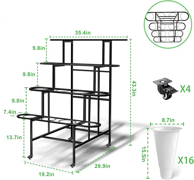 Floral Display Stand with 16 White Flower Baskets, 4-Layers Cart Display Stand with Wheels ,Sturdy Mobile Flower Bouquet Rack for Courtyard, Garden, Flower Shop, with Lockable Rotating Wheels .