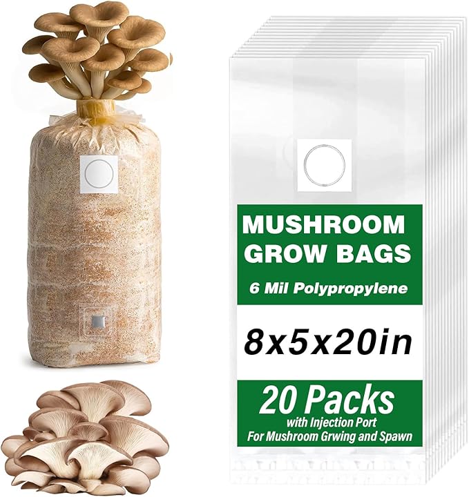 Mushroom Grow Bags, 20 Pack 6 Mil Polypropylene Mushroom Spawn Bag 8"x5"x20" 0.2 Micron Filter Patch, with Injection Port, Autoclavable Bags