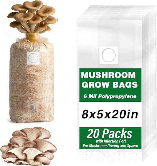 Mushroom Grow Bags, 20 Pack 6 Mil Polypropylene Mushroom Spawn Bag 8"x5"x20" 0.2 Micron Filter Patch, with Injection Port, Autoclavable Bags