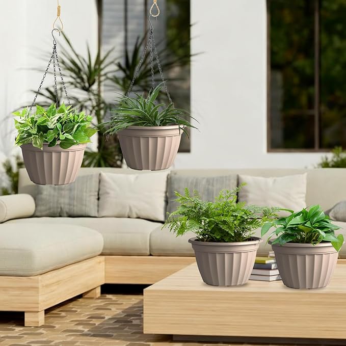 FGstyle Hanging Planters 9.8 Inch, 4 Pcs Self Watering Pots for Indoor Plants,Plastic Hanging Basket with Soil Elevator and 20" Chain for Home Garden Porch Balcony Patio Decor(Beige)
