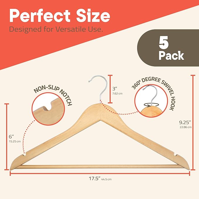 Natural Wooden Hangers 5 Pack – Heavy-Duty with 360° Swivel Hook, Non-Slip, Pants Bar & Shoulder Grooves - Wooden Hangers for Suits, Jackets, Dresses & Camisoles, Space-Saving and Smooth Finish