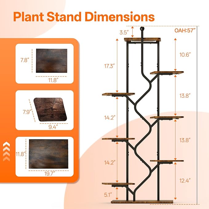 Bstrip 8-Tier Plant Stand with Grow Light, 57 Inch Indoor Plant Shelf, Decor Flower Stand for Living Room & Patio, Rust-Resistant Pipes & Waterproof MDF Boards