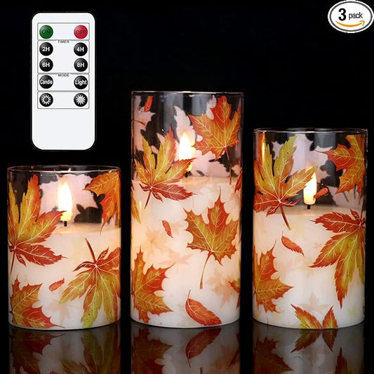 GenSwin Glass Maple Leaf Flameless Candles with Remote Timers, Battery Operated LED Flickering Candles, Real Wax Pillar Candles Christmas Wedding Decoration