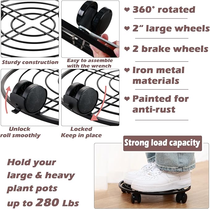 12" Metal Plant Caddy with Wheels 3 Packs Large Rolling Plant Stands Indoor Wheeled Plant Dolly Heavy-duty Planter Mover Roller Base Outdoor Plant Trolley Cart Water-proof, Plant Saucers on Wheels