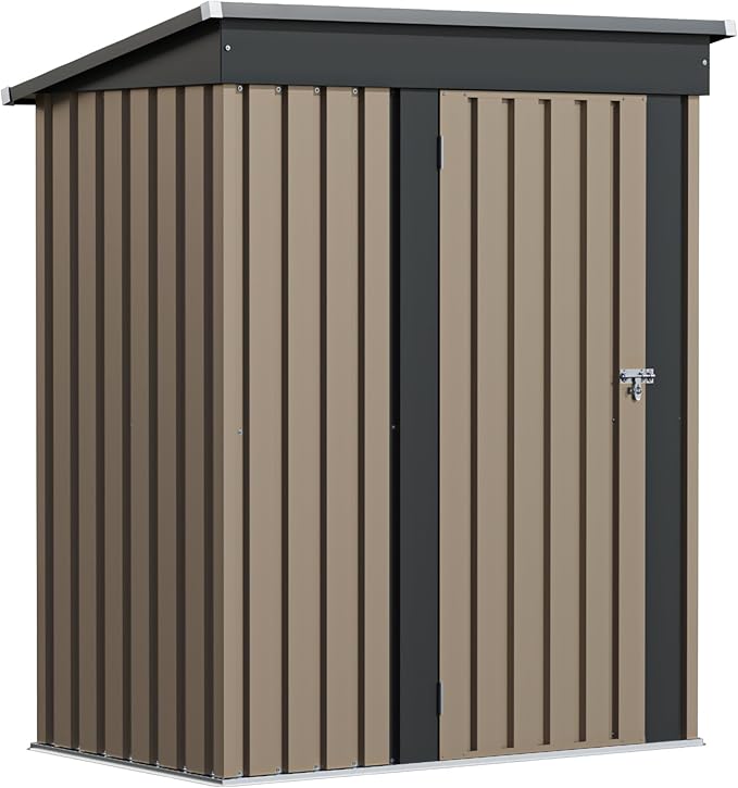 Patiolife 5x3 FT Outdoor Storage Shed, Small Tool Metal Shed with Lockable Door & Sloping Roof, Garden Shed for Backyard Patio Lawn, Brown