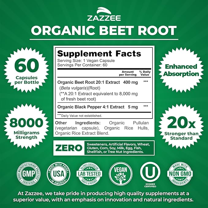 Zazzee USDA Organic Beet Root 8000 mg Strength 20:1 Extract, 60 Vegan Quick Release Capsules, Black Pepper Extract for Enhanced Absorption, Supports Nitric Oxide Production, Non-GMO, Made in The USA