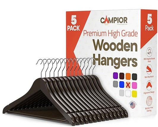 Vintage Wooden Hangers 5 Pack – Heavy-Duty with 360° Swivel Hook, Non-Slip, Pants Bar & Shoulder Grooves - Wooden Hangers for Suits, Jackets, Dresses & Camisoles, Space-Saving and Smooth Finish