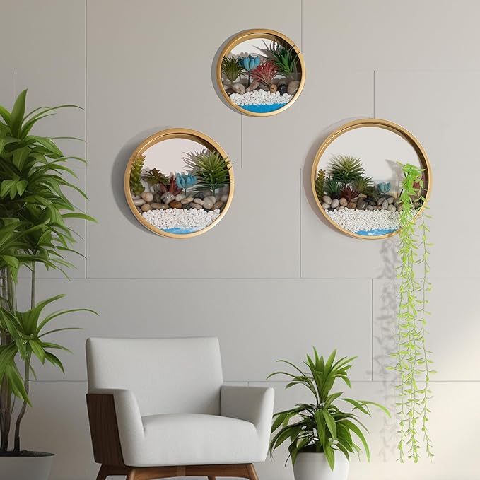 Gold Metal Wall Planter Set of 3, Indoor Metal Hanging Planter with 10Pcs Artificial Succulents Wall Decor Round Succulent Planters Air Plant Pots Container for Cactus Home Office Decor