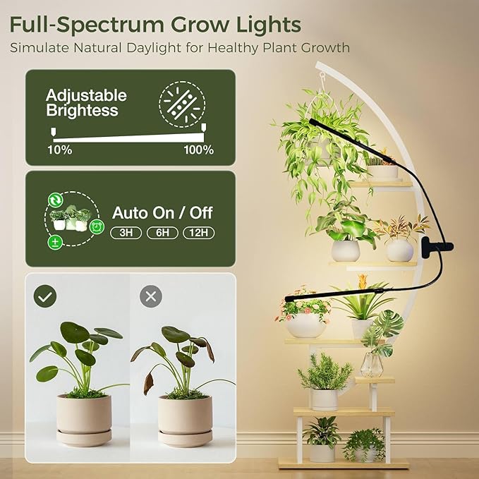 GREENSTELL Plant Stand Indoor with Grow Light, 7-Tiered Tall Metal Plant Stand for Indoor Plants, Half-Moon Shape Display Shelf for Living Room, Balcony, Patio, White (2 Pack)