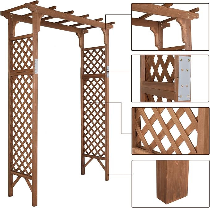 Outvita 7 Ft Wooden Garden Arbor Arch, Fir Wood Arbour Archway, Decorative Stand Trellis for Wedding Ceremony Decoration Plant Climbing Rose Vines Lawn Courtyard Dark Brown