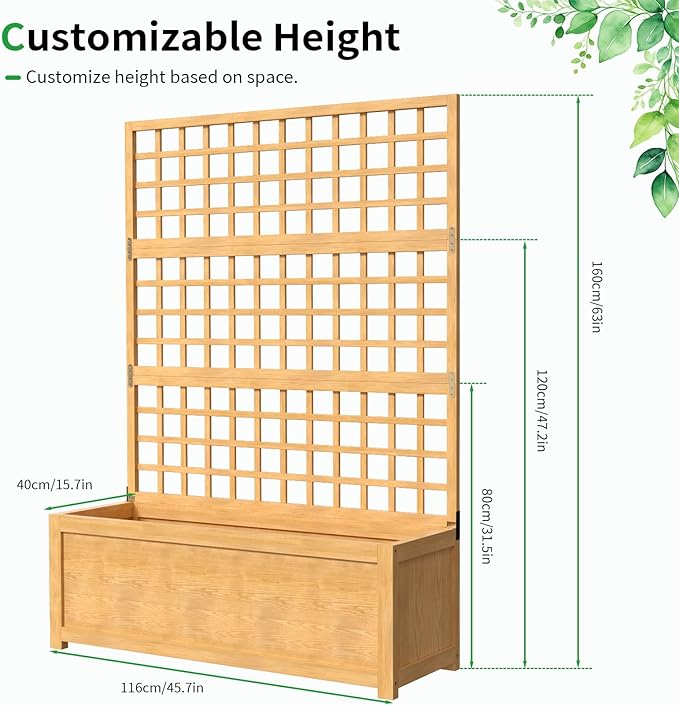 SUNYRISY Raised Garden Bed with Trellis, Wooden Vertical Planter Box with Privacy Screen Outdoor for Climbing Plant Vine Flowers Vegetables, Planter with Hanging Roof and Drainage Holes