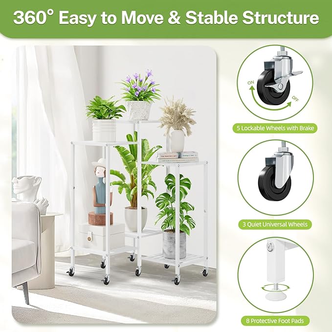 iDavosic.ly 6 Tier Plant Stand Indoor with Wheels, Metal Tiered Corner Flower Holder Shelf Outdoor for Large Pots, Tall Rolling Rack for Patio Porch Garden Balcony Living Room, White