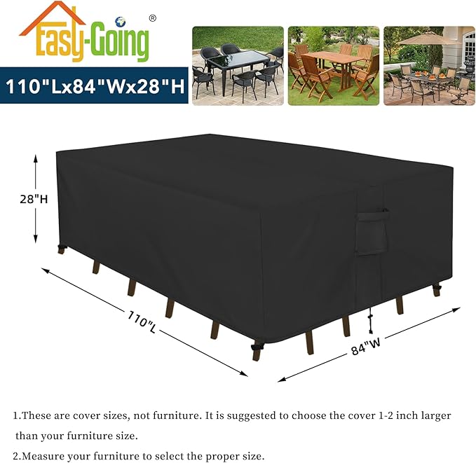 Easy-Going Rectangle Patio Furniture Cover Waterproof Outdoor Dining Table and Chair Cover Anti-UV Outside Sectional Sofa Set Covers (110"L x 84"W x 28"H, Black)