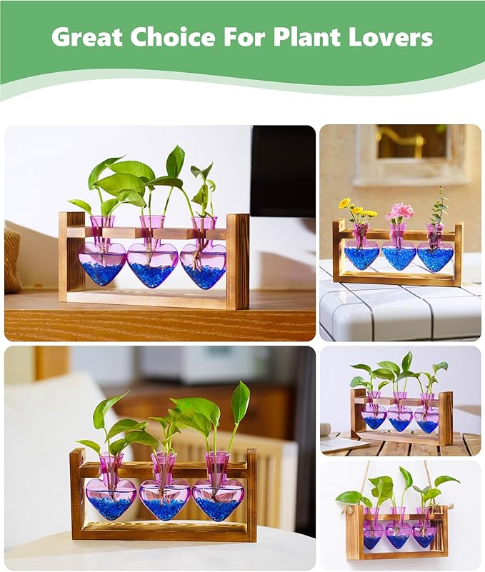 Nacome Plant Terrarium Propagation Stations: Christmas Gifts for Plant Lovers Women Mom Wife - Wooden Stand Tabletop Planter 3 Bulb Glass Vase Heart Shaped for Hydroponics Indoor Home Decor(Purple)