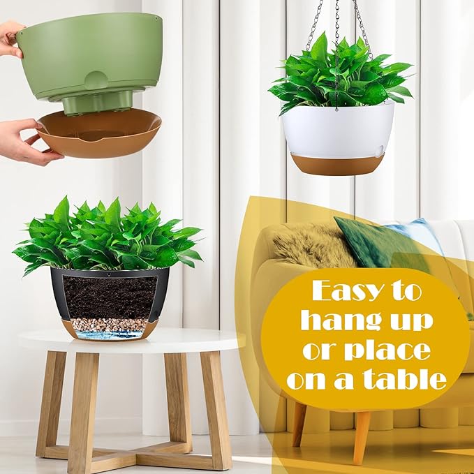 Remerry 6 Pcs 11.2 Inch Hanging Planters Hanging Plant Basket for Indoor Outdoor Plants Set Plastic Hanging Flower Pot with Drainage Holes and Removable Trays for Home Garden (White Gray Green)